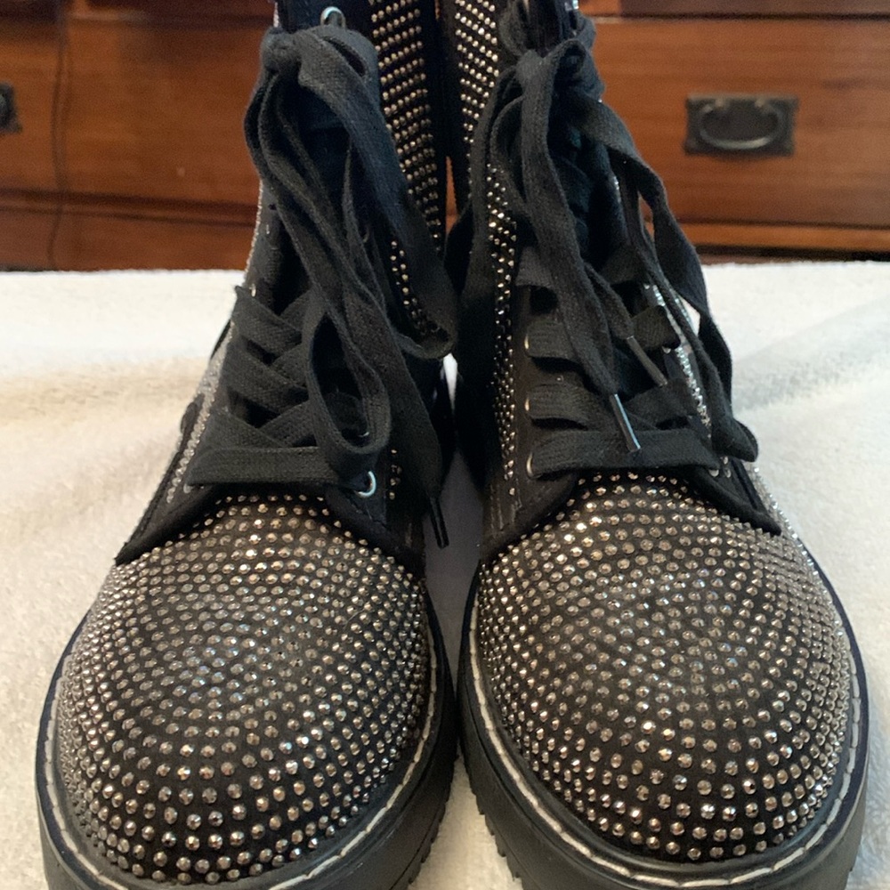 Madden Girl rhinestone covered black combat boots size 8.